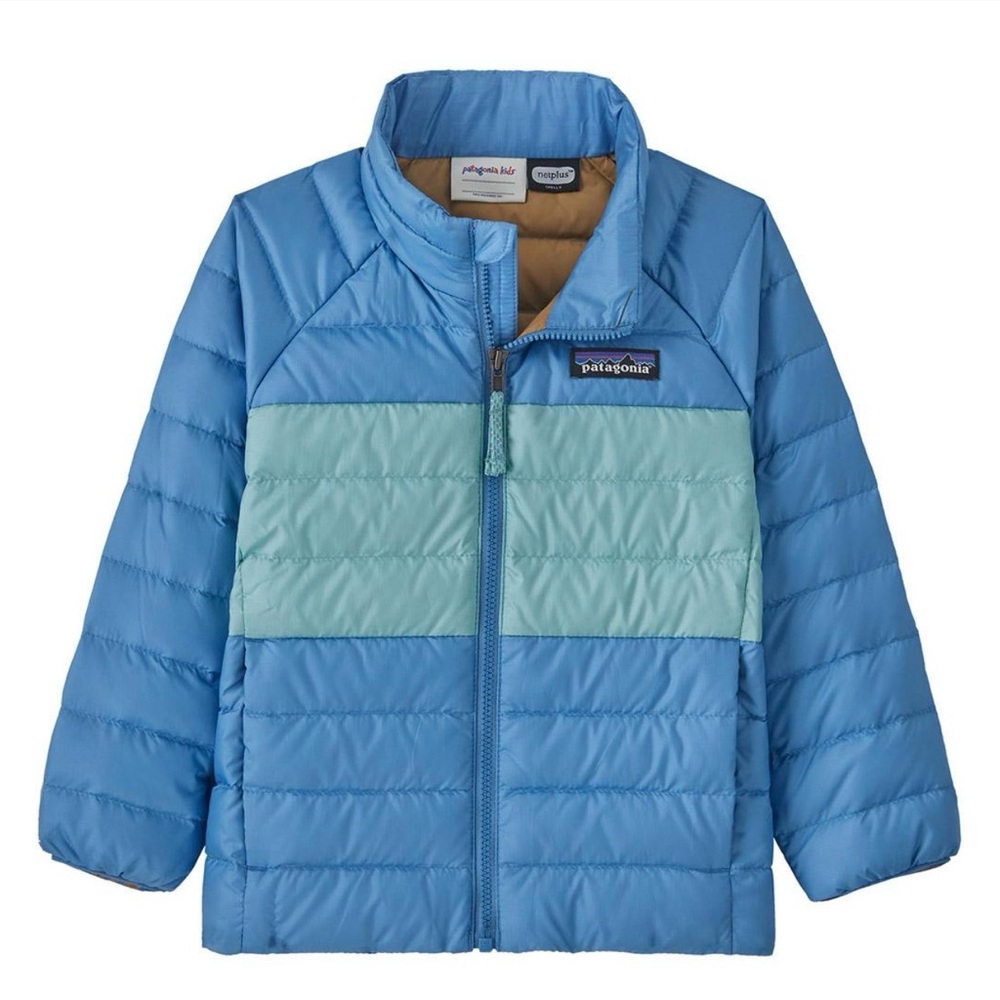 Patagonia Baby Down Sweater Jacket. Blue/light blue-green. Size 5 T